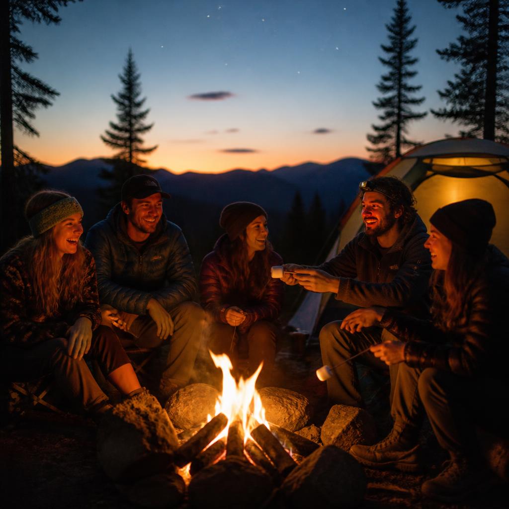 Friends around a campfire at dusk
